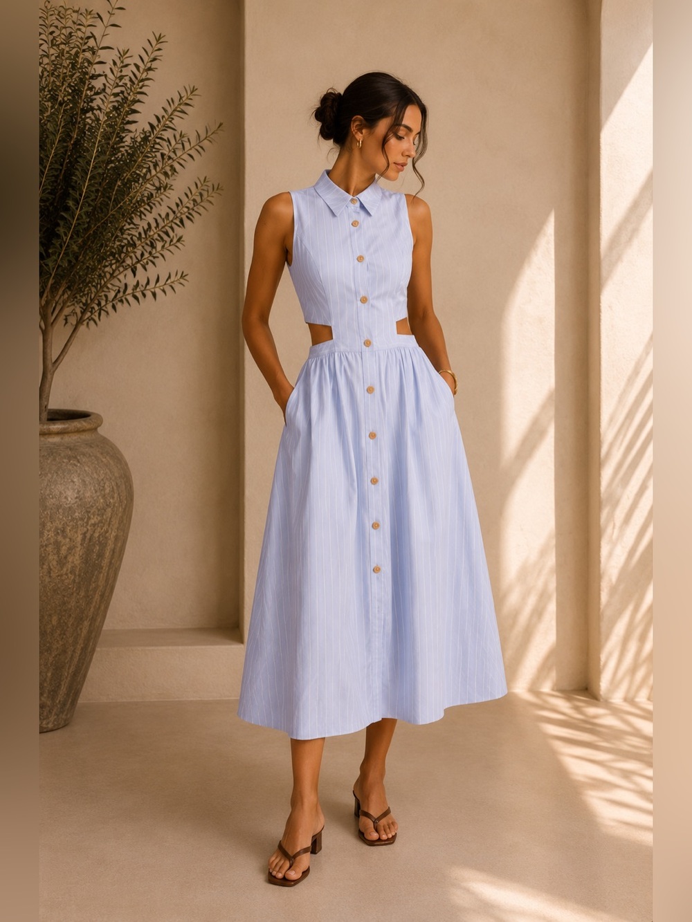 Commense Blue Striped Cutout Midi Shirt Dress XS | Preppy City Chic Dress